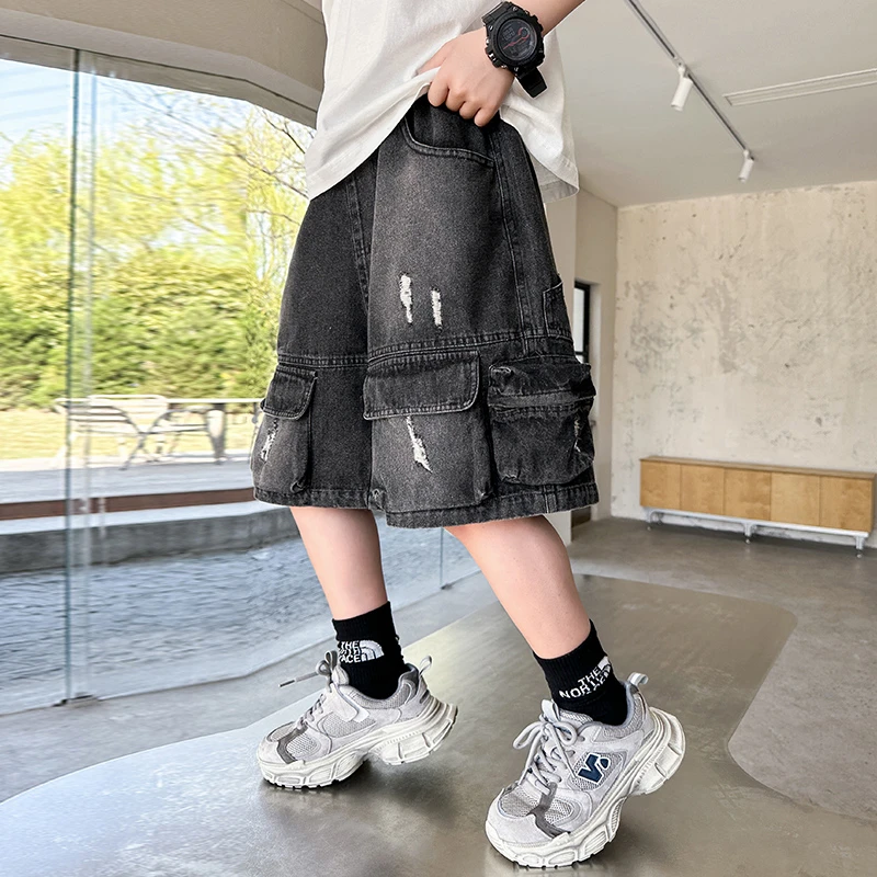 男童裤子夏季薄款2025新款中大童破洞牛仔短裤男孩夏款五分裤潮酷