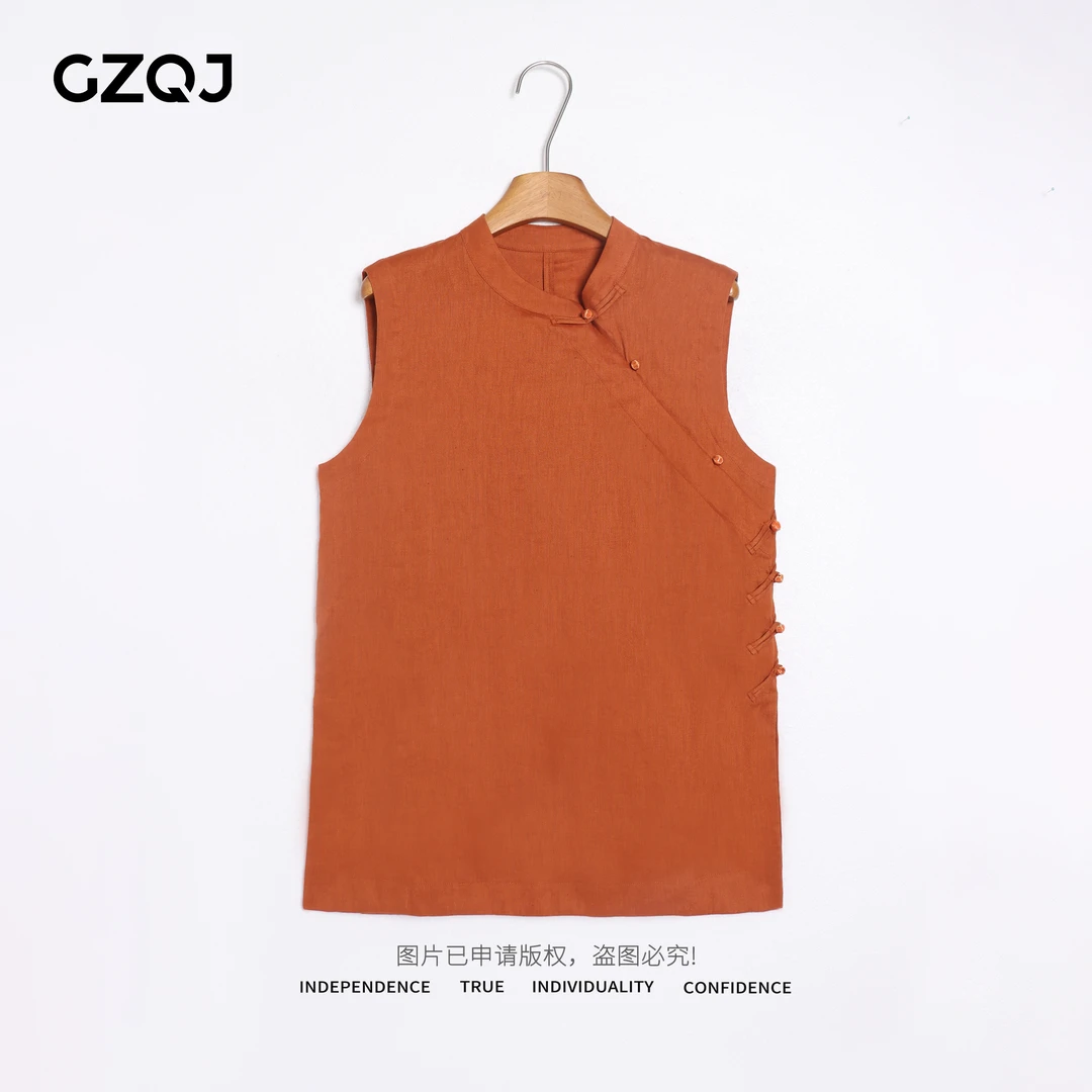 广州琴姐 【夕璋云裥】100亚麻国风斜门襟盘扣立领背心上衣女夏7086