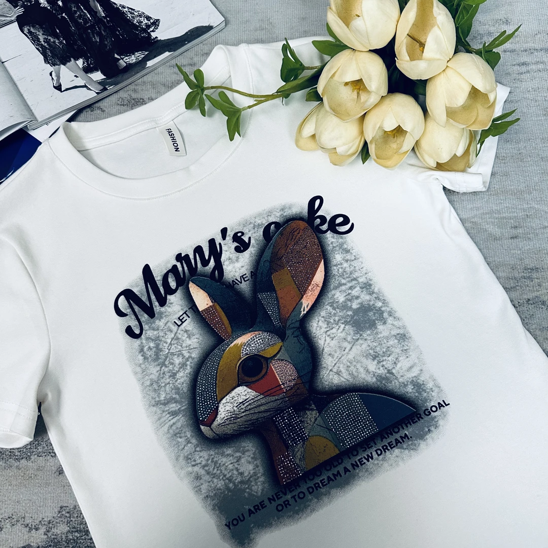 5003七彩兔子时尚短袖T恤显瘦烫钻百搭夏季女士修身印花圆领