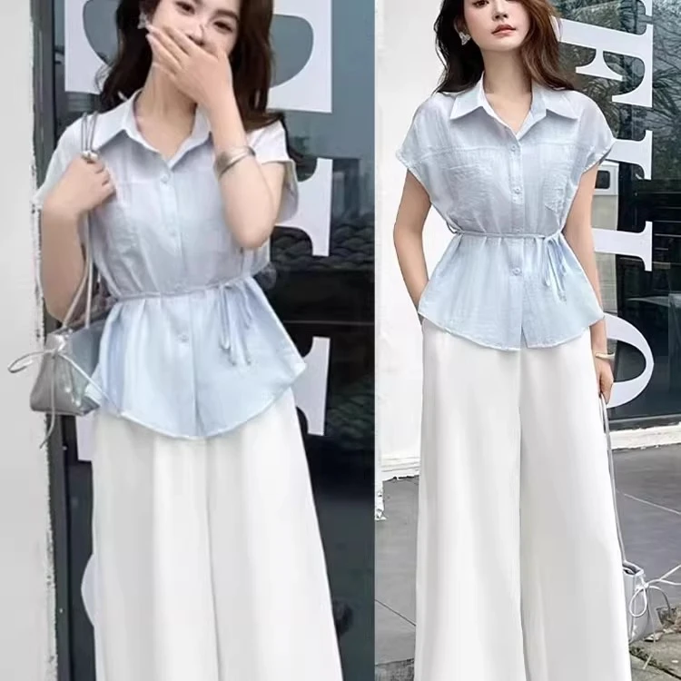 高级感套装2025夏新款气质系带修身衬衣高腰阔腿裤洋气轻熟两件套