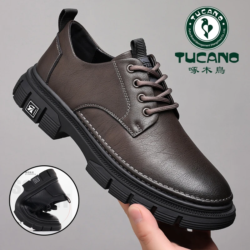 啄木鸟男鞋2025新款商务休闲皮鞋男真皮耐磨加绒保暖户外休闲鞋子