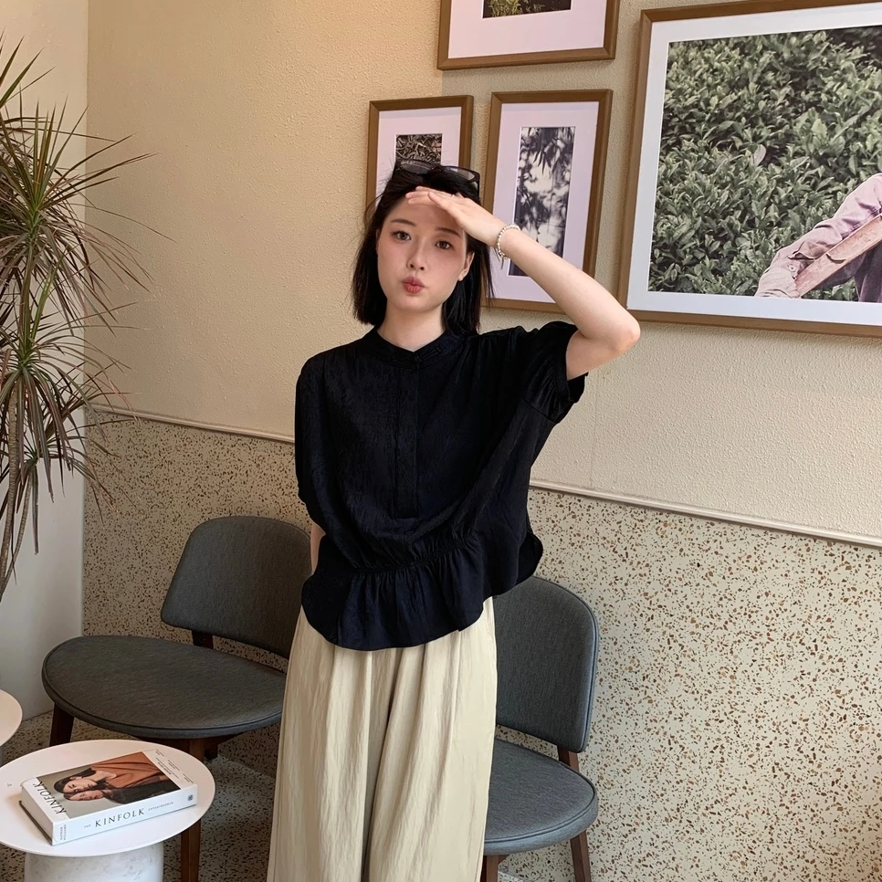 希茜1908 气质黑色常规袖衬衫显瘦薄款短袖夏季设计感立领