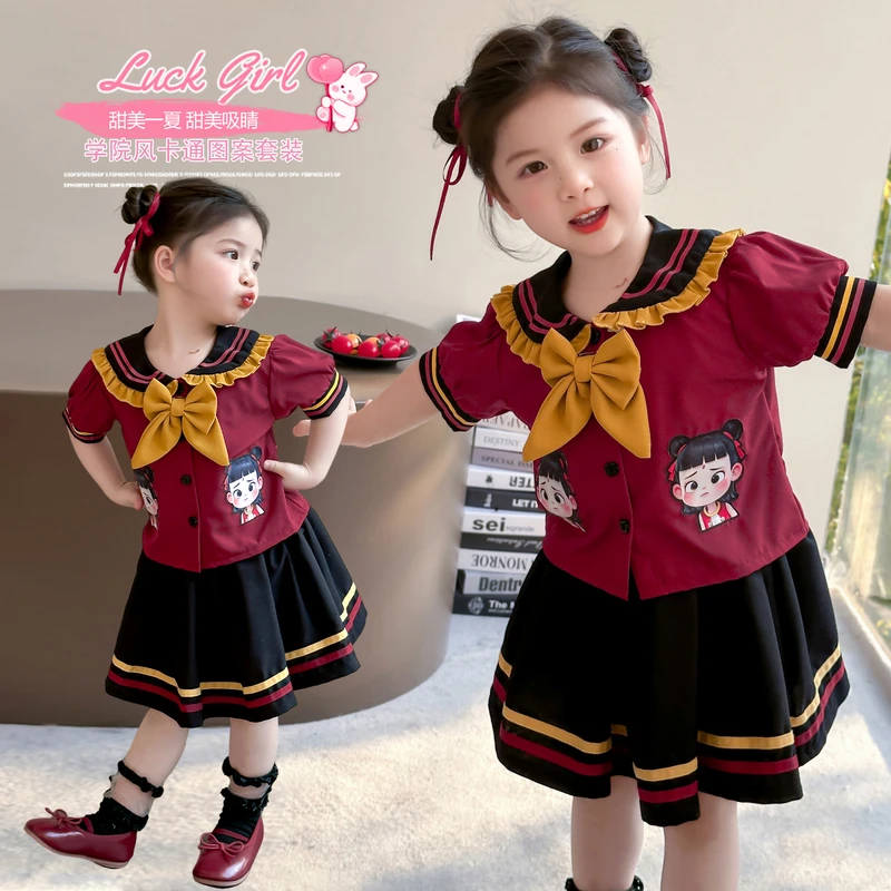 女童夏装套装2025新款儿童洋气短袖哪吒学院风jk裙女宝夏季两件套