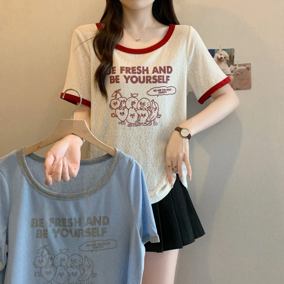 清2025夏季款大码女装韩系撞色圆领短袖上衣字母印花正肩T恤64156