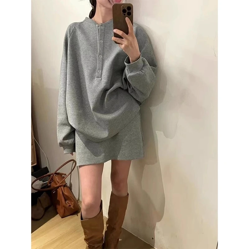 运动潮牌卫衣套装女夏季灰色休闲时尚美式复古高腰半身短裙两件套