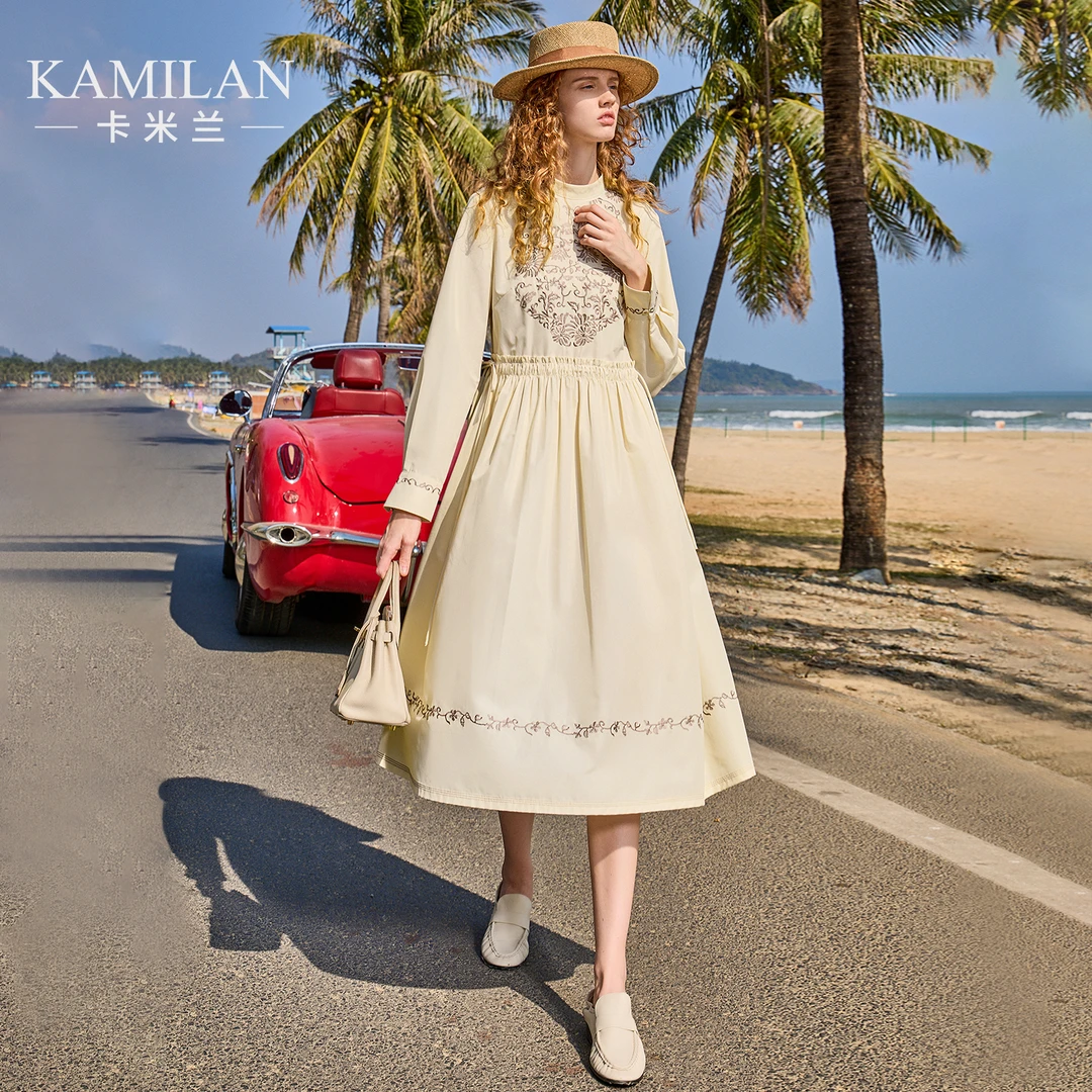 卡米兰法式小立领绣花连衣裙女2025春季新款中长款高腰刺绣a字裙