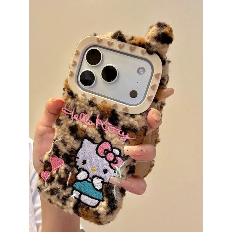 韩系豹纹毛绒大哥大刺绣猫咪适用于iphone17promax苹果16手机壳15
