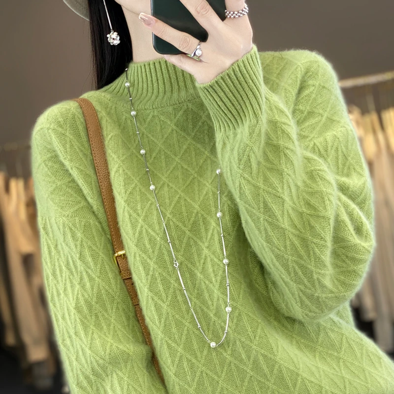 羊毛衫女士半高领加厚提花100%纯羊毛宽松针织打底衫新款