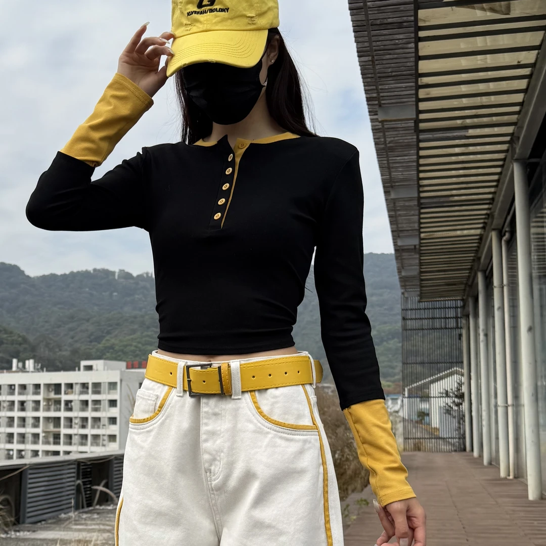 橙子·撞色纽扣简约上衣T恤