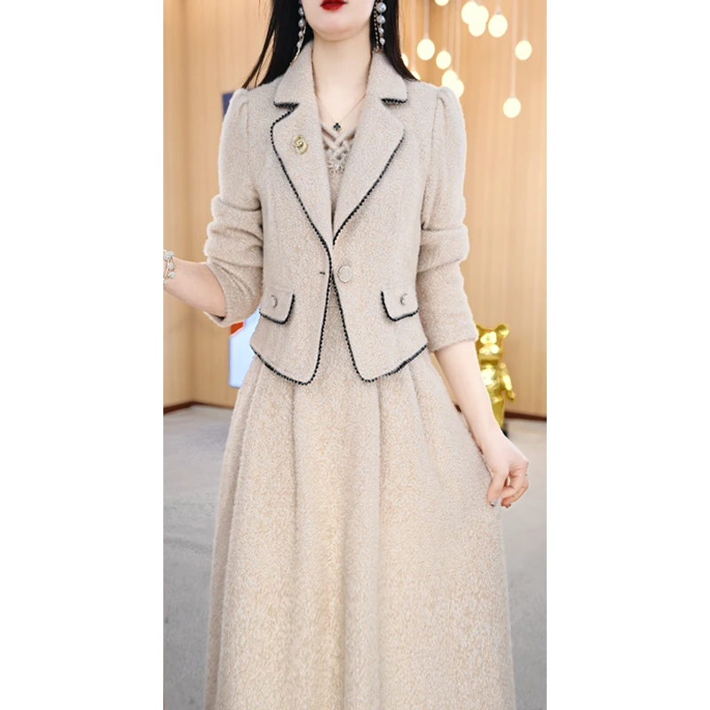 现货【连衣裙】洋气西装领收腰显瘦遮肚减龄两件套连衣裙M-5XL