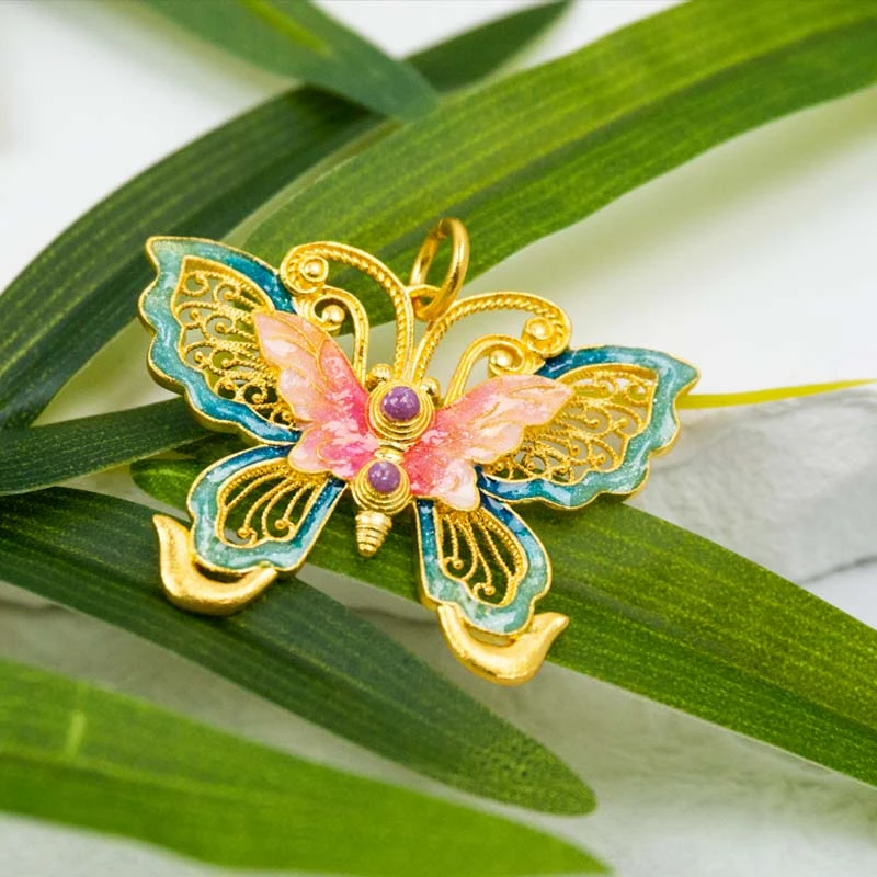 吊坠足银 999珐琅彩蝴蝶吊坠手工低温珐琅工艺国风灵动设计送女友