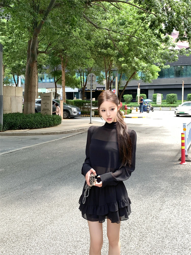 【冷艳气质】2025初秋季时尚新款美女黑色雪纺长袖衬衫＋荷叶短裙