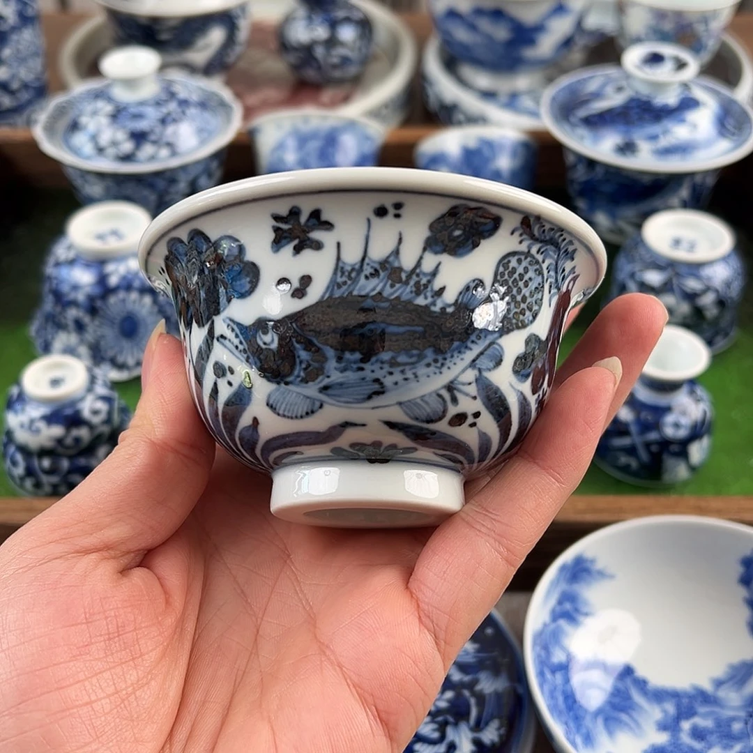 青花重工微瑕鱼藻压手