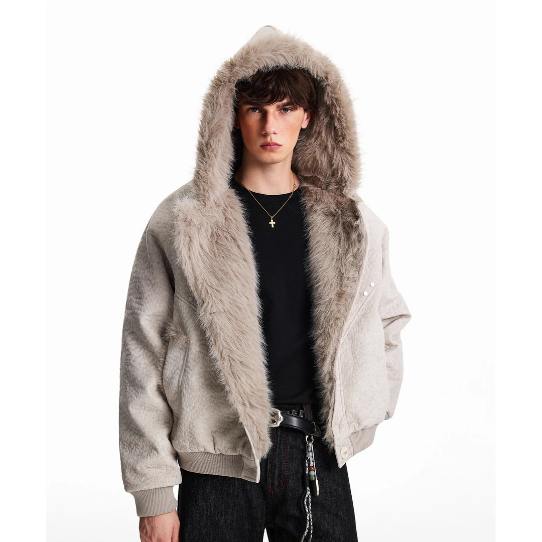 700g仿兔毛重磅云朵绒短宽座山雕棉服男秋冬加绒加厚刺绣连帽外套