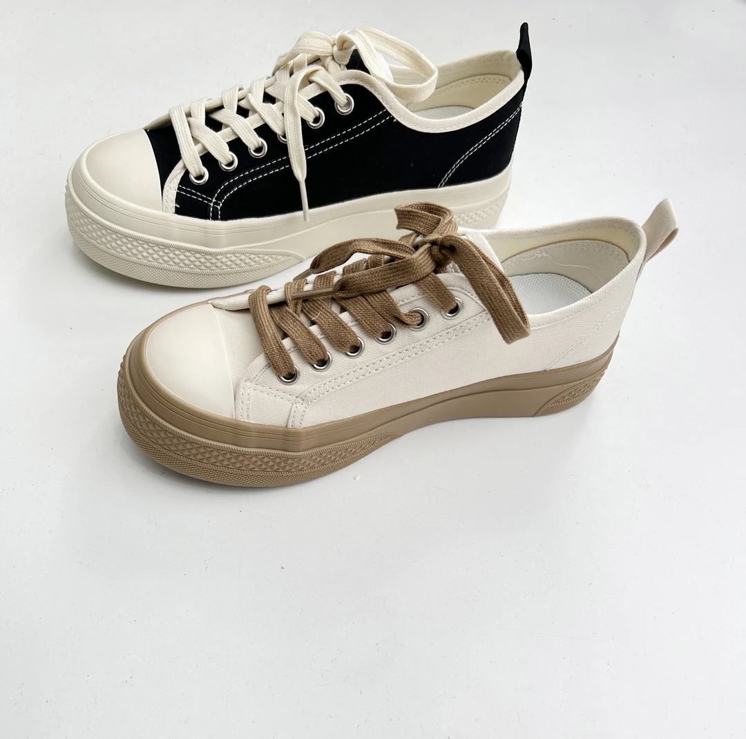 饼干帆布鞋女夏季新款厚底百搭复古港风休闲透气系带小白鞋板鞋光