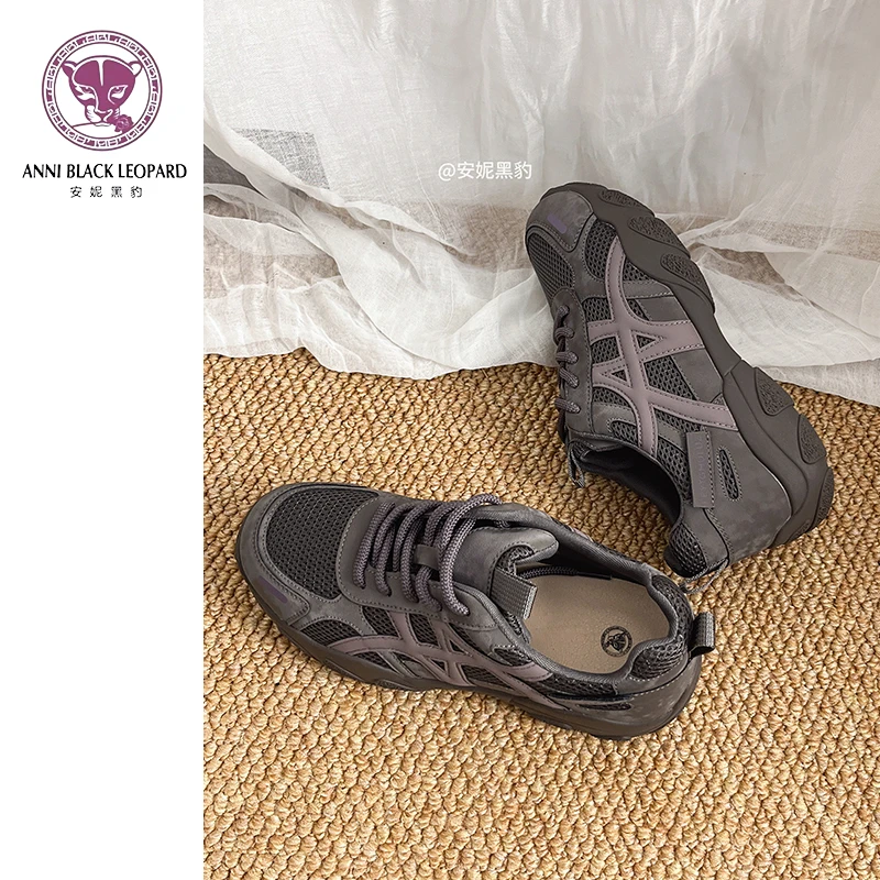 安妮黑豹通勤阿甘运动鞋女新款软底休闲徒步鞋厚底防滑百搭德训鞋