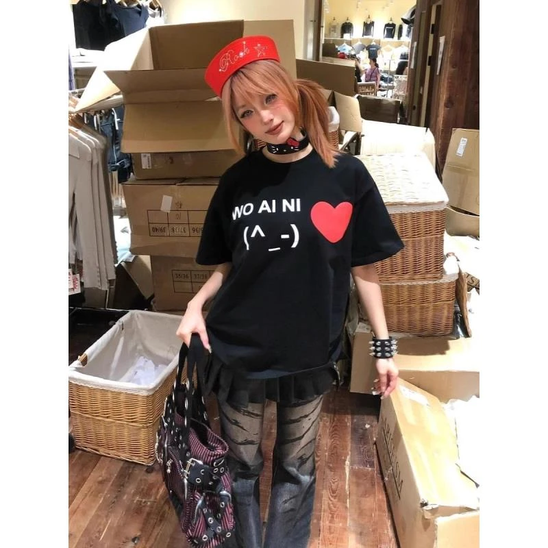 100%纯棉短袖T恤女韩版新款爱心印花甜美显瘦宽松百搭休闲夏季ins