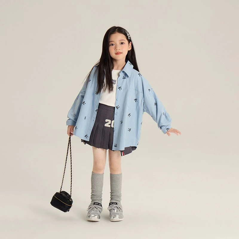 女童蓝色衬衫长袖春秋2025新款洋气时髦韩版秋装儿童衬衣外套秋季