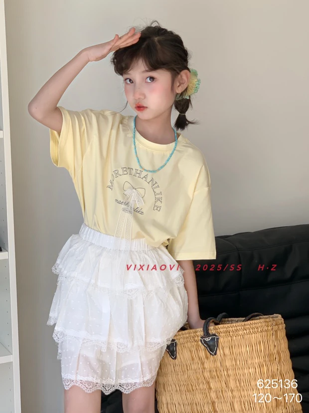 钱多多品牌童装夏季女生新款中大童蕾丝白色爱心短袖T恤时尚百搭