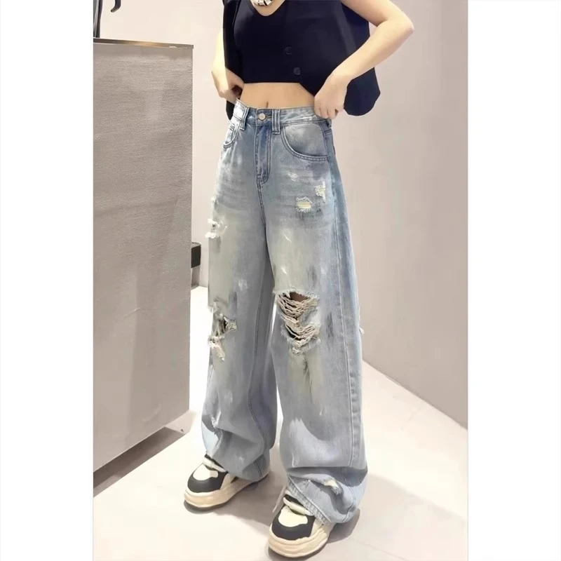 破洞阔腿牛仔裤女2025春夏季新款直筒浅色高腰宽松显瘦垂感弯刀裤