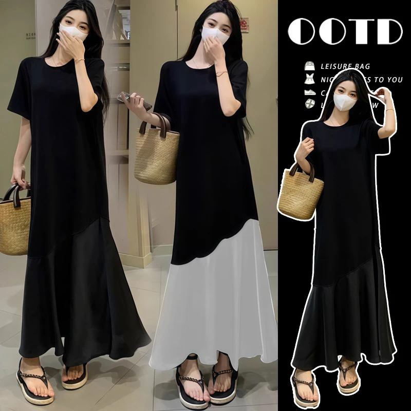 【嗒嗒】2025新款夏季孕妇连衣裙宽松独特漂亮醋酸鱼尾裙拼接大码女