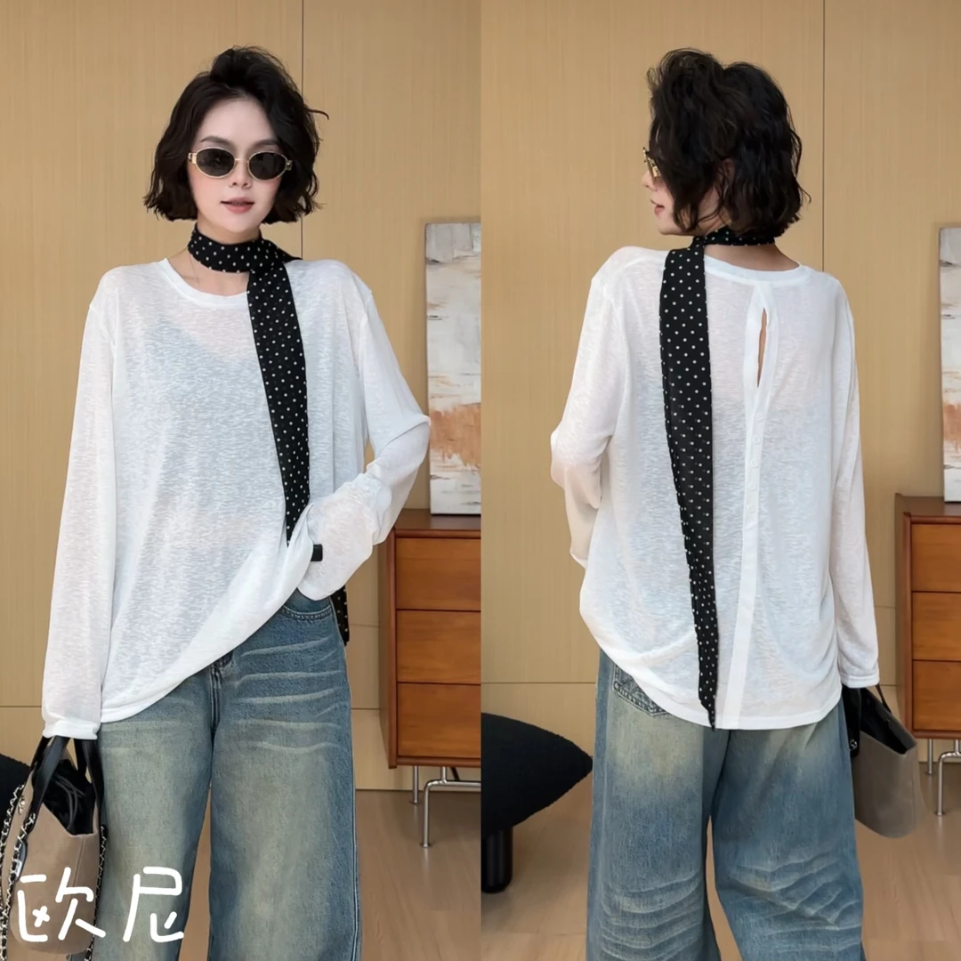 欧尼私服 2025早秋带丝巾韩版时尚百搭圆领长袖宽松T恤2508C4209