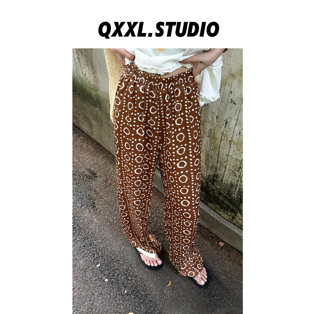 邱小小丽呀 夏款复古印花高腰阔腿裤 薄款显瘦休闲不撞款长裤女