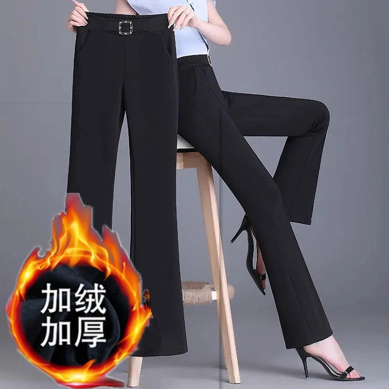 Y940加绒加厚裤子女秋冬外穿加厚高腰中年女裤冬款一体绒大码弹力