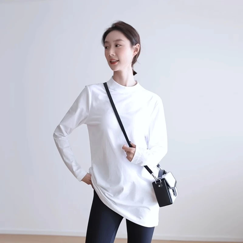 中长款极简设计感遮屁股纯棉T恤女春季长袖宽松百搭立领打底上衣