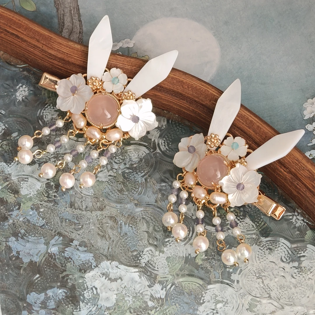 风雪初晴樱花兔发夹汉服手工发饰可爱款