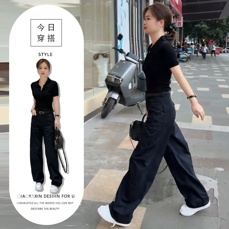 甜酷风独特洋气两件套港味复古黑色polo领短袖上衣高腰遮肚阔腿裤