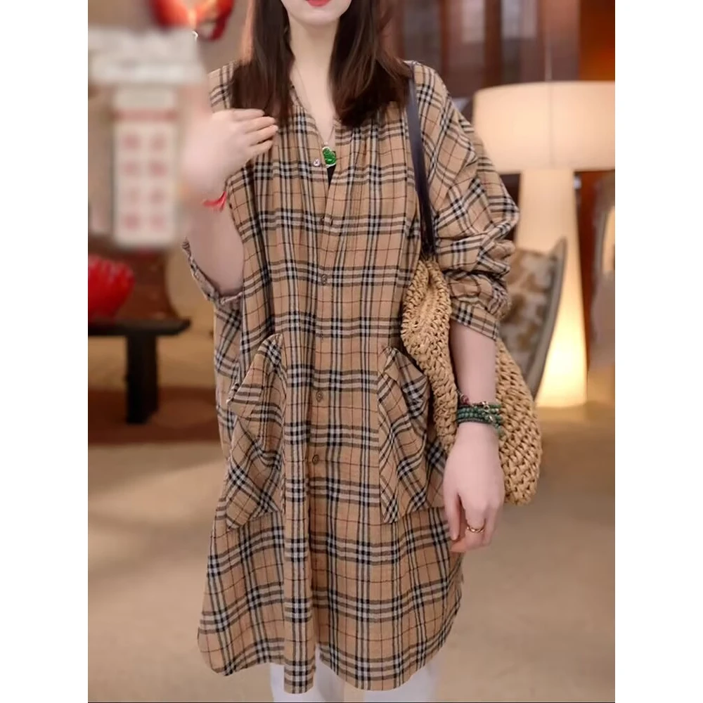 裙子女款爆款2025新款设计格子长袖衬衫洋气宽松显瘦休闲百搭衬衣