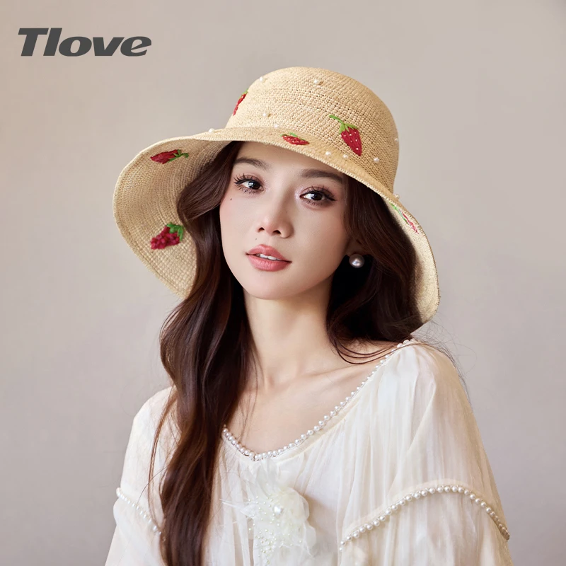 6898洋气手工编织拉菲草帽女夏季防晒防紫外线遮阳帽可折叠沙滩帽