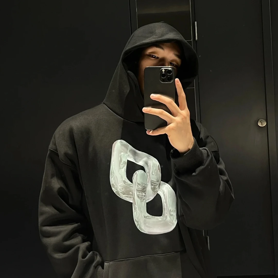 C8#某饱179！挂链图案3D渲染玻璃立体烫画加绒帽衫情侣印花卫衣