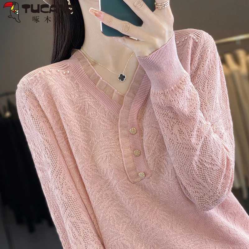 啄木鳥打底衫女2025新款春秋洋气蕾丝领提花针织上衣大码女装秋冬