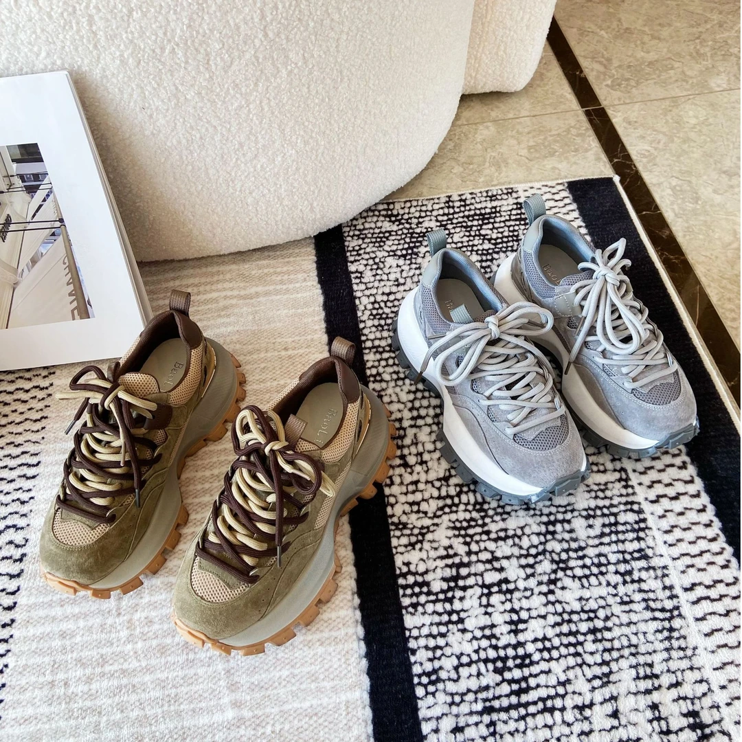 2025年春季新款圆头厚底增高鞋真皮牛皮网面系带休闲老爹鞋