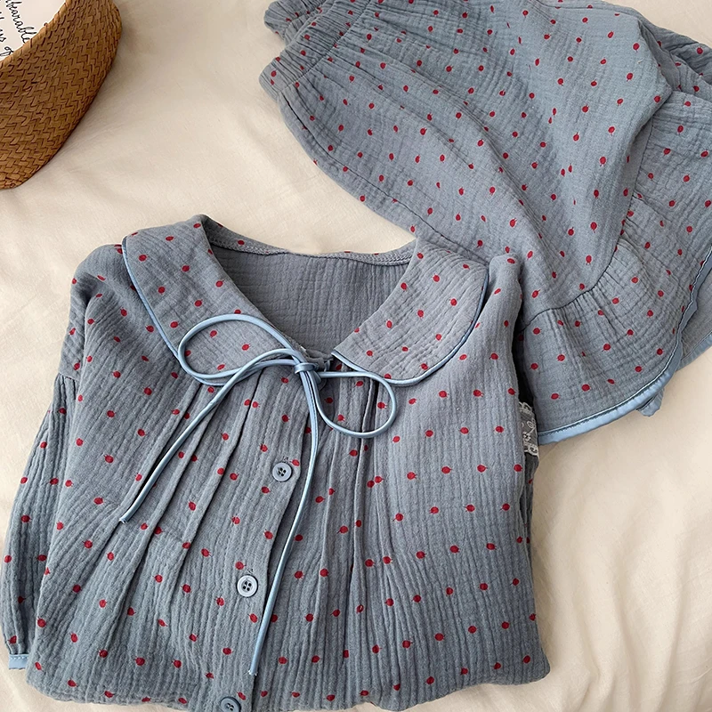 蕾丝花边睡衣女波点印花夏季短袖短裤开衫娃娃领蓝色家居服可外穿