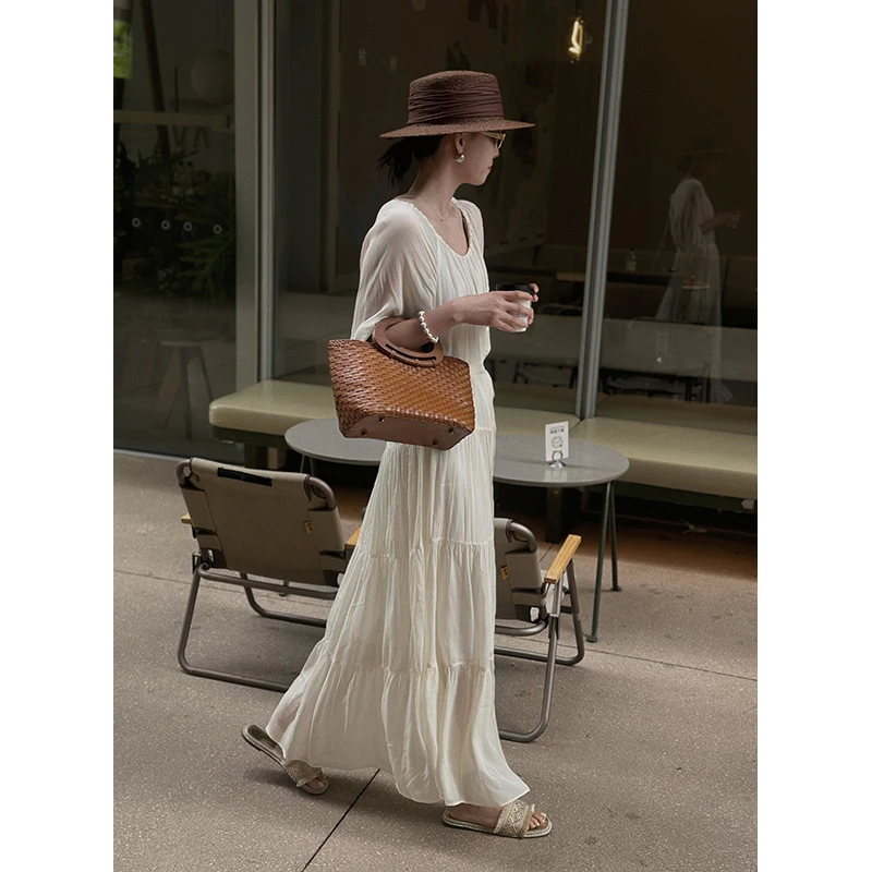 阿土秀法式系带收腰圆领连衣裙女2025夏季甜美显瘦七分袖女神长裙