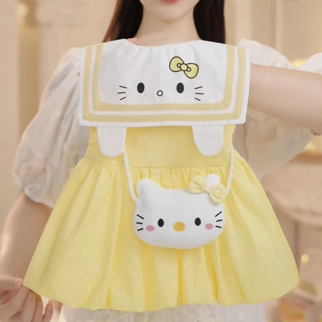 2025年夏季纯棉女小童可爱粉色猫咪海军领公主花苞裙女童连衣裙