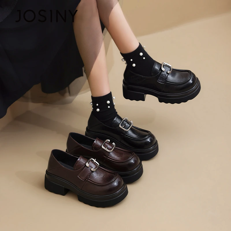 卓诗尼厚底粗跟时尚乐福鞋2025春新款超好看学院风增高百搭小皮鞋