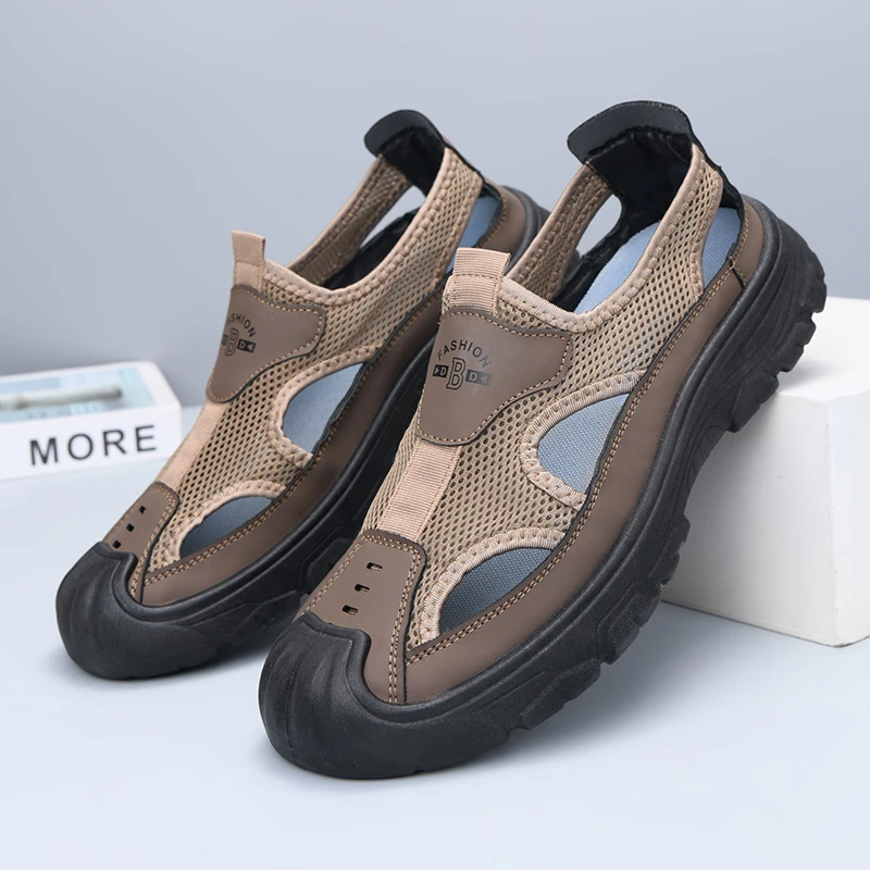 夏季透气包头镂空网面男凉鞋中老年休闲百搭老北京防滑男款沙滩鞋