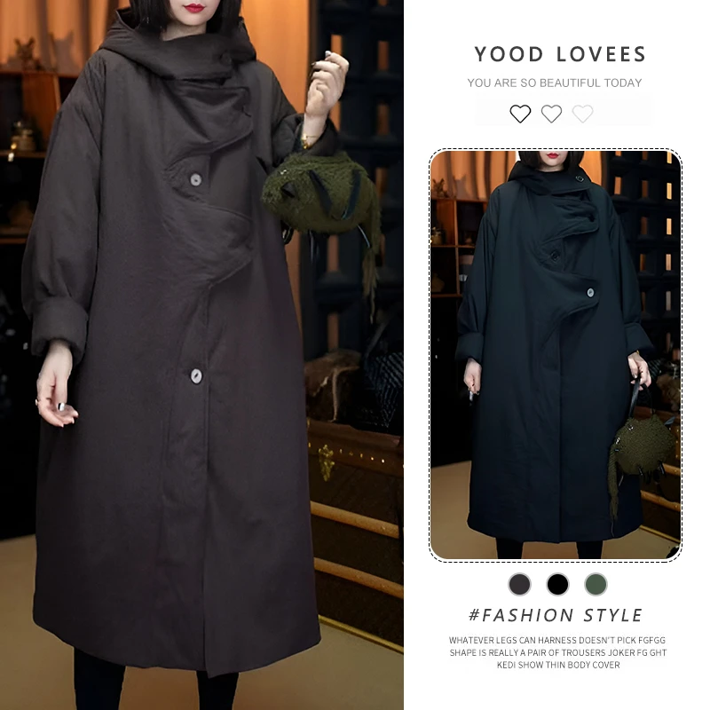 2025冬季新款休闲简约时尚气质不规则纽扣连帽夹棉风衣长款外套女