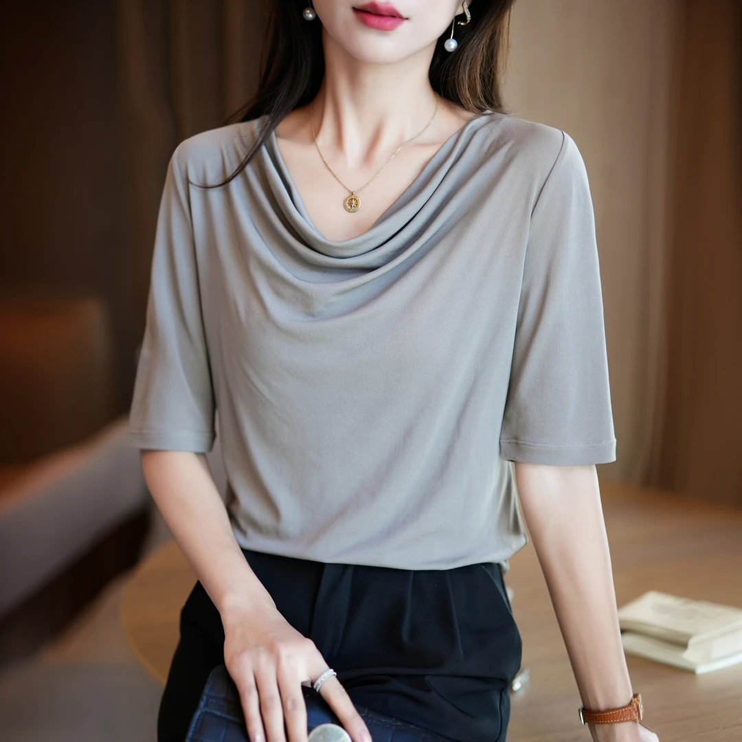 2024夏新款洋气五分袖堆堆领真丝针织T恤气质女人味时尚减龄上衣