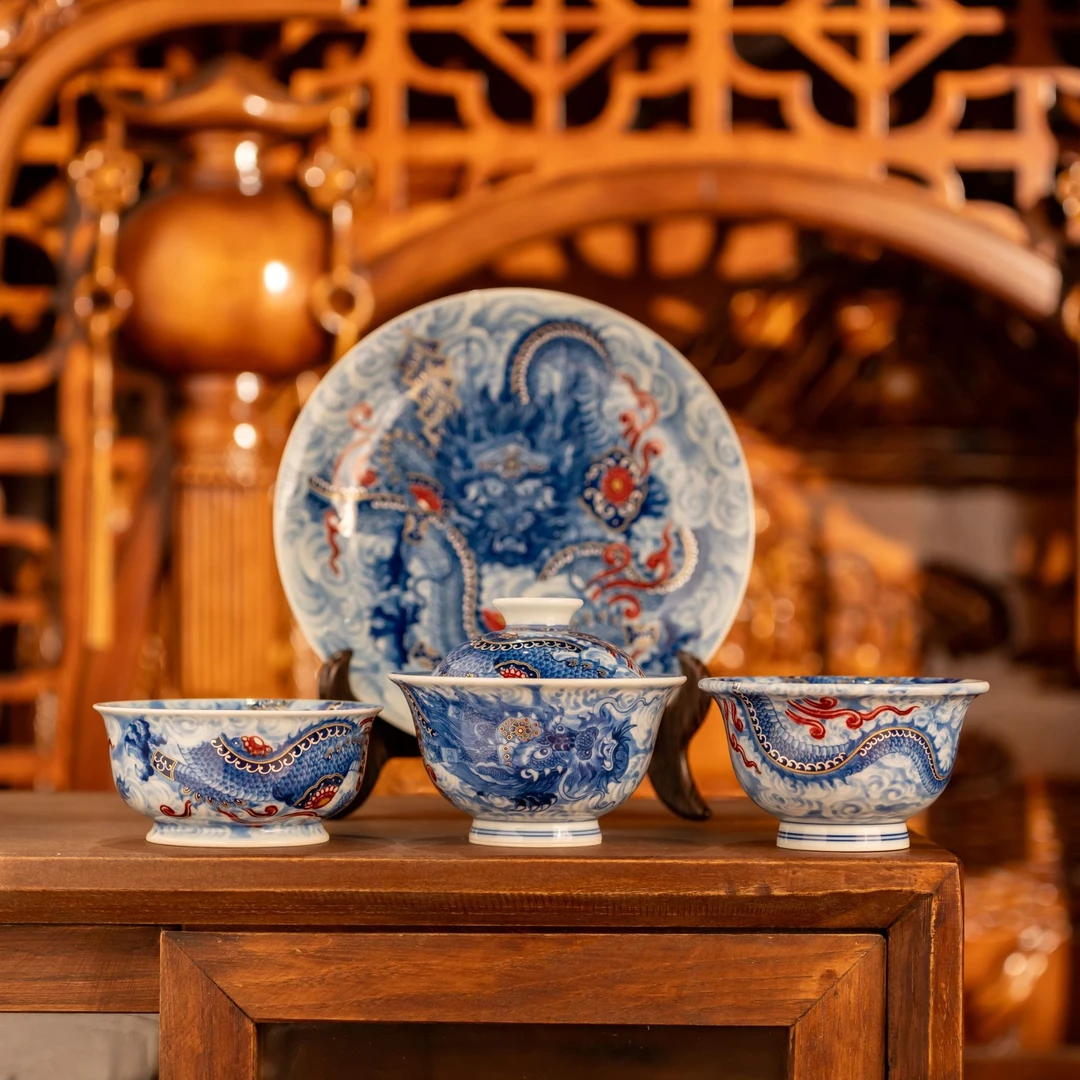 【永明尚玩】铠甲龙套组釉里红纯手工景德镇茶器主人杯泡茶