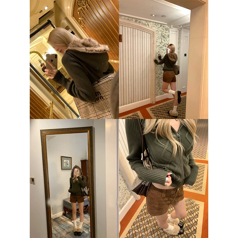 【南疆橄榄枝】6-8运补 连帽毛领毛衣女2025秋季新款显瘦开衫外套