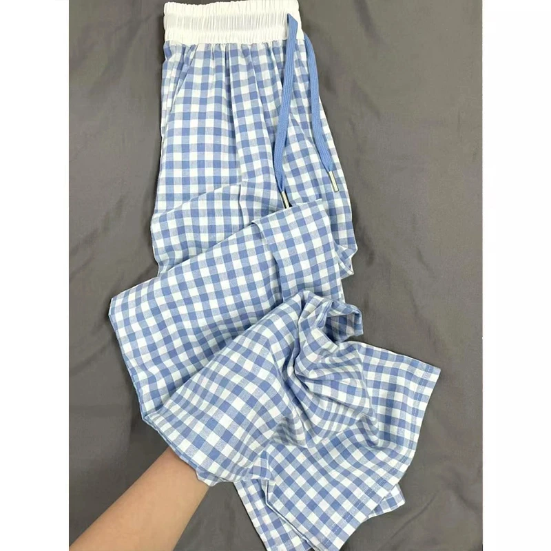 慵懒风蓝白格子休闲裤男春季新款垂感显瘦阔腿裤显腿长直筒微喇裤