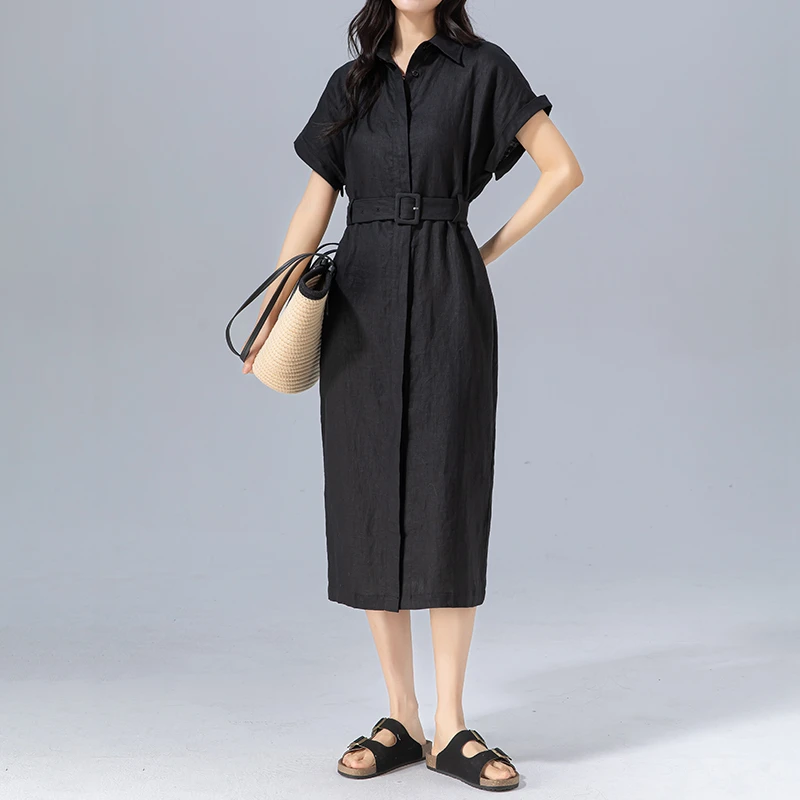 知汝懿亚麻收腰卷边连衣裙