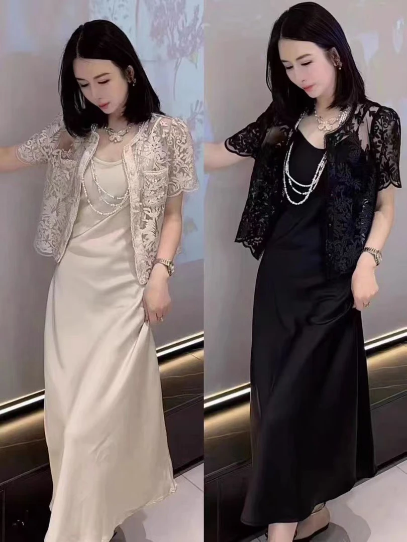 新款国风蕾丝缎面吊带套裙女夏季蕾丝小衫精致连衣裙 两件套866