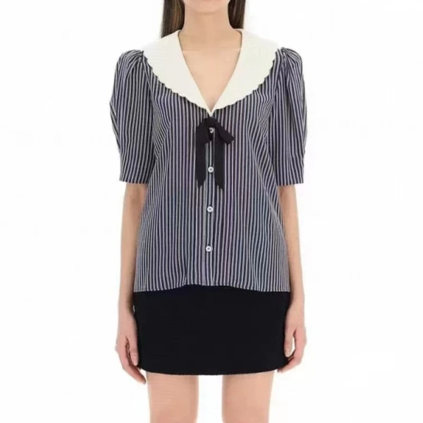 pp蓝色条纹V荷叶领休闲短袖衬衣