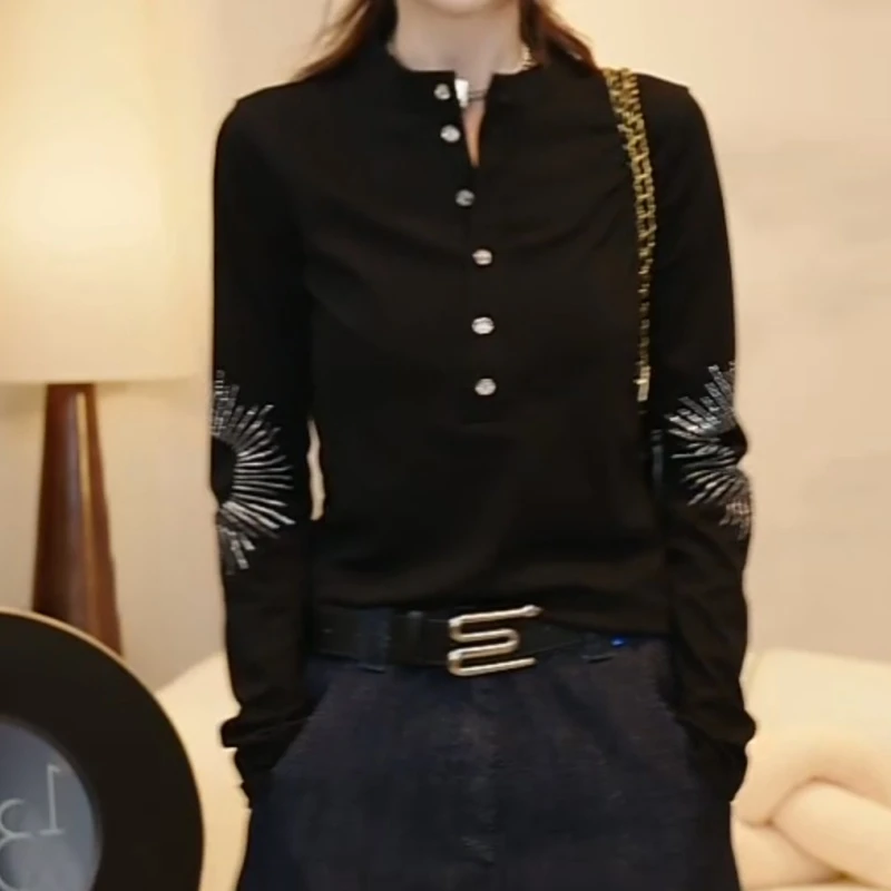 『巴黎之夜』秋季设计师极简风高定烫钻长袖T恤上衣LK2505599